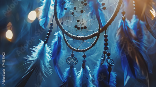 Blue Watercolor Bohol Dreamcatcher, Handmade dream catcher with feathers threads and beads rope close up, Hand drawn dreamcatcher on a blue watercolor background 