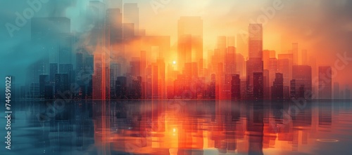 As the morning fog clears, the towering skyscrapers reflect in the calm waters, creating a picturesque city skyline at sunrise