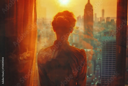 Amidst the towering skyscrapers, a woman gazes out her window at the sun, its fiery rays casting a warm backlight on her face, creating a mesmerizing piece of art against the backdrop of a stunning s