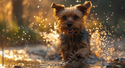 A lively terrier splashes through the cool water, embracing its playful nature in the great outdoors