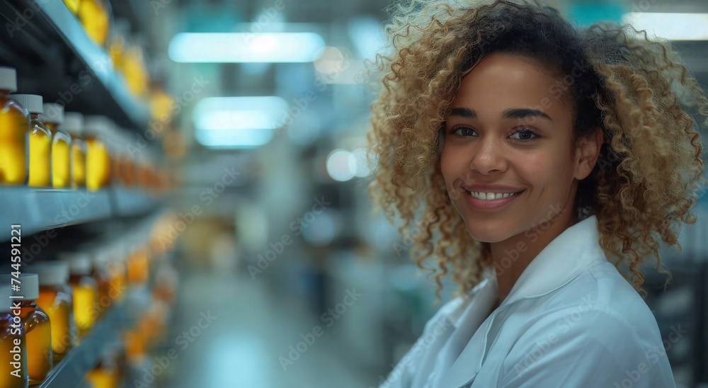 Fototapeta premium A joyful woman stands in an indoor store, her face beaming with a warm smile as she holds a bottle of her favorite product, her hair styled to perfection