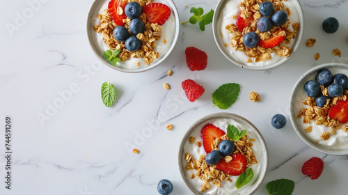 Fresh and colorful bowls of yogurt with berries and mint leaves