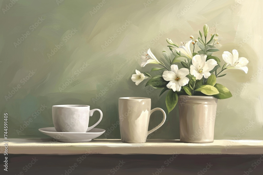 Two cups and vase of colorful flowers on table