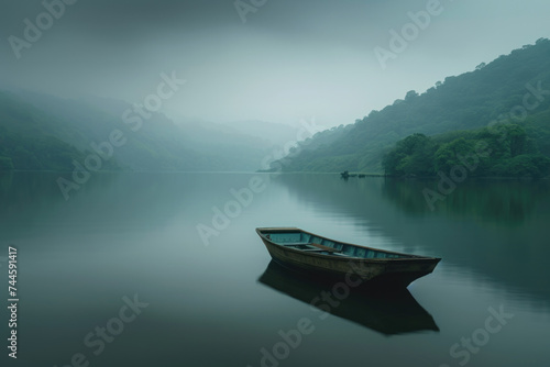 Small boat floating on calm lake