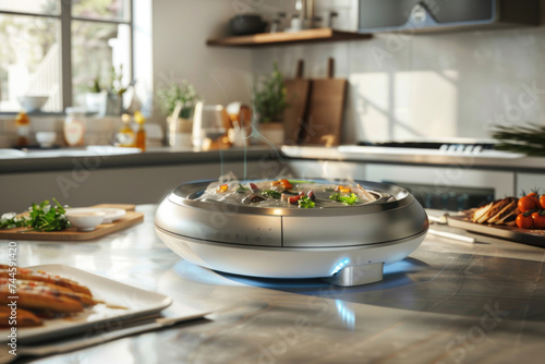 Modern automated food processor with holographic display in a contemporary kitchen setting