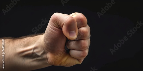 Close-up of a man's fist on a black background, showing strength. 