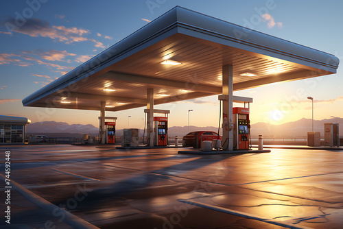 Gas station with sunset sky background. 3d rendering. photo