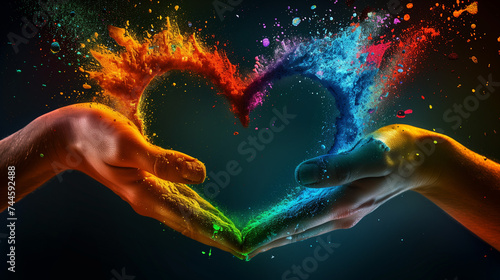 hands come together, shaping a heart and blending paint in the radiant hues of a rainbow