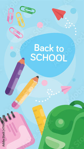 Back to School Flat Illustration. Pretty banner school bag, pen, pencil, ruler, notebook. Cute banner for books, articles, websites, mobile apps