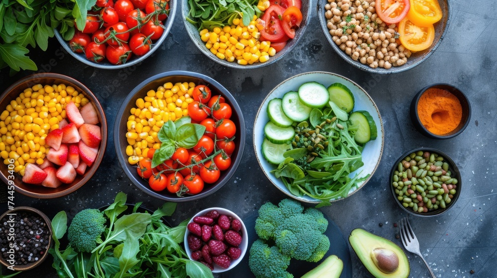 Top view of nutritious spread of fresh fruits and vegetables, freshness of the produce, Perfect for health and wellness, vegetarian and vegan, healthy eating, organic produce and meal preparation Top view of nutritious spread of fresh fruits and vegetables, freshness of the produce, Perfect for health and wellness, vegetarian and vegan, healthy eating, organic produce and meal preparation