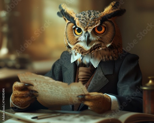 A sophisticated owl in a sharp business suit giving a presentation on technology advancements photo