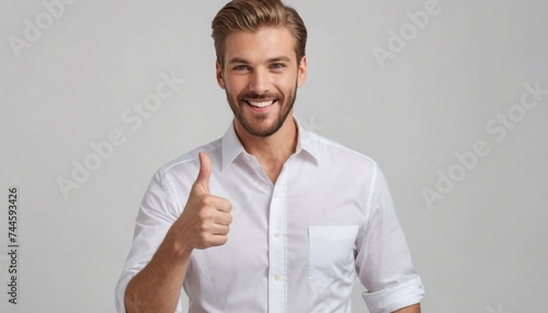 A bearded man in a white button-up shirt shows approval with a thumbs up. His smart casual attire and pleasant demeanor suggest a business-friendly environment.