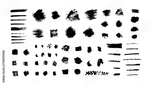 Bundle of different ink brush strokes. Ink splatters grungy painted lines artistic design elements. Vector paintbrush set.