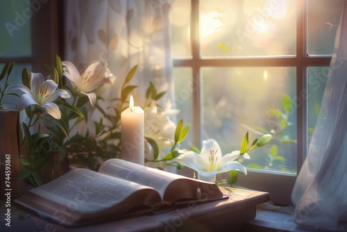 Candlelight illuminates an open Bible and fresh lilies on a windowsill