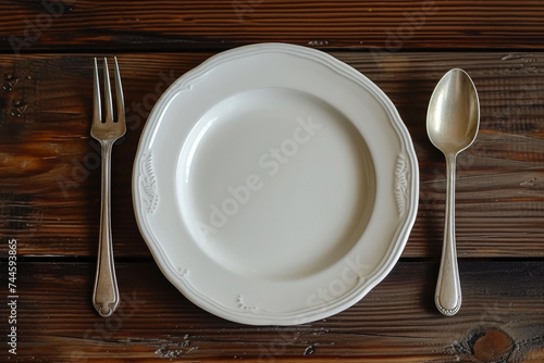 Neutral Elegance  Empty Plate and Silverware on Wooden Background