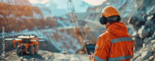 Close up of a mining engineer operating a drone to survey a mine site blending traditional industry with modern technology