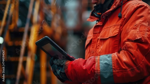 Close up of a petroleum engineer monitoring drilling data on a rugged tablet ensuring efficiency and safety in energy extraction