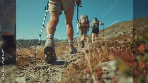 Hiking in the mountains with a backpack and tent. Selective focus.AI. © Alex Alex