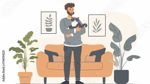 Man holding cute cat, Man hugging cat, Vector flat style illustration