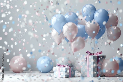 Balloons tied to a gift box on a transparent background create a festive birthday scene full of celebration and surprise.