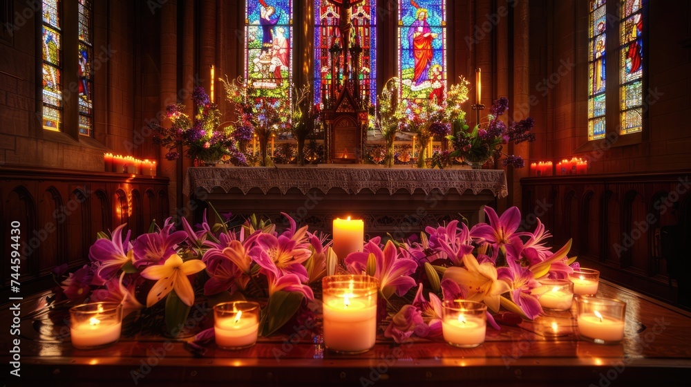 A beautifully Easter decorated church altar with vibrant lilies and glowing candles, framed by the rich colors of stained glass windows..