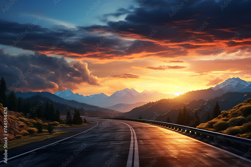 highway in the mountains at sunset. 3d rendering and illustration