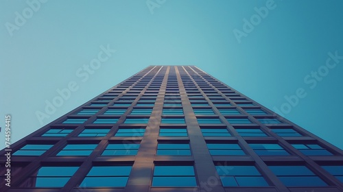 A symmetrical shot of an office building's exterior, showcasing its geometric design and reflective surfaces against a clear blue sky.