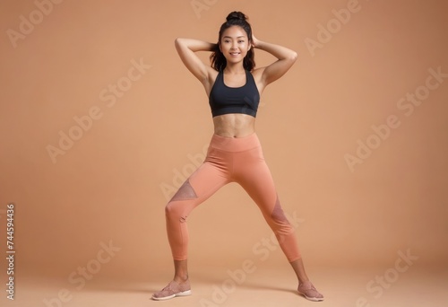 A fit young woman in workout attire strikes a confident pose, ready to start her fitness routine, against an orange backdrop.