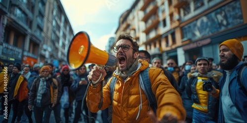 A young man is protesting by yelling via a loudspeaker. Generative Ai.