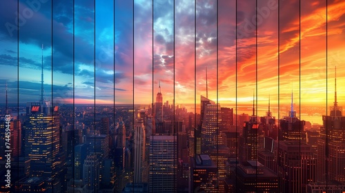 A time-lapse image capturing the transition from day to night, as office windows gradually light up one by one against the darkening sky.