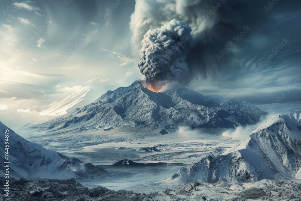 Erupting volcano in a snowy landscape. Concept of natural disasters. - obrazy, fototapety, plakaty 