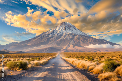 A road in the desert leading to a large mountain with a snow-capped summit.