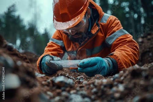 Medium shot of a geotechnical engineer studying soil layers holographically predicting and mitigating natural disaster risks
