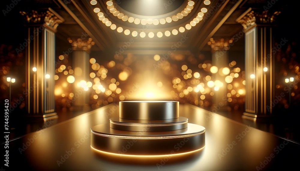  3D empty  podium, golden hour bokeh lighting. 3d stage for product display. an abstract platform for product presentation. 3d round shape for advertisement. tech products mockup.