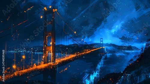Futuristic Golden Gate Bridge in Neon Blues and Oranges Wallpaper Background