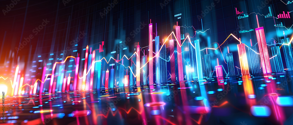 Futuristic abstract background with glowing lines and charts.