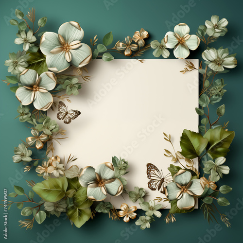 Postcard template with blank space flanked by white flowers and green leaves. Postcard, empty space for inscription.