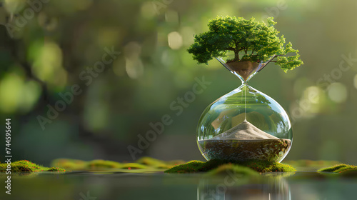 Green tree in a glass hourglass on nature background. Environment concept