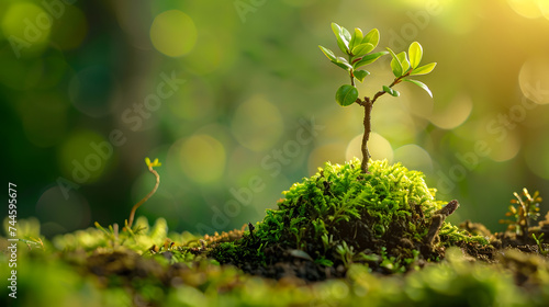 Small plant growing on green moss in forest with bokeh background