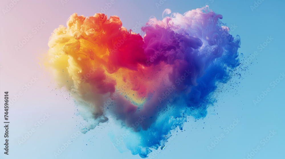 love in the sky with heart-shaped clouds adorned in the vibrant colors of the rainbow against a backdrop of the blue sky