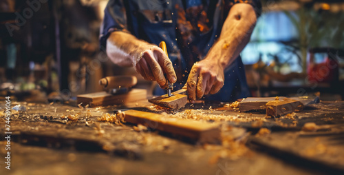 the precision and focus of a carpenter crafting fine furniture in a woodworking workshop, using hand tools and expertise to shape and assemble wood