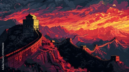Great Wall of China Sunset in Red and Orange Wallpaper Background photo