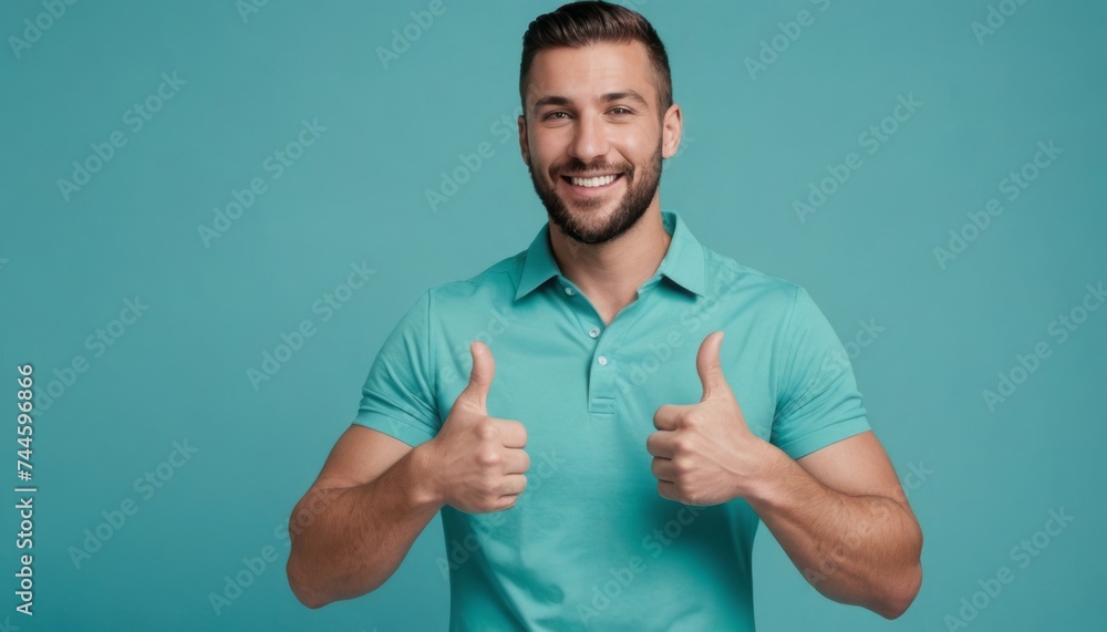 A man in a teal polo shirt gives a thumbs up. His casual look and friendly smile indicate a laid-back, approachable personality. A man in a teal polo shirt gives a thumbs up. His casual look and friendly smile indicate a laid-back, approachable personality.