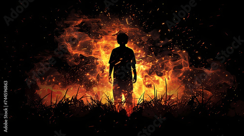 Fiery Person Silhouette Against a Night Blaze