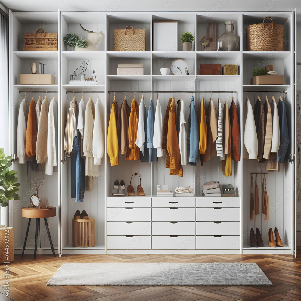 Big modern white wardrobe with different clothes for dressing room Big modern white wardrobe with different clothes for dressing room