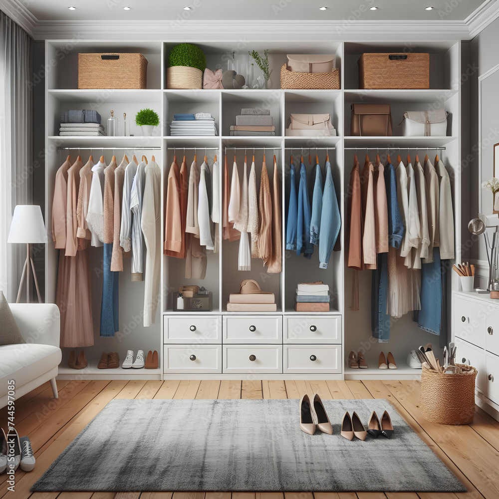 Big modern white wardrobe with different clothes for dressing room