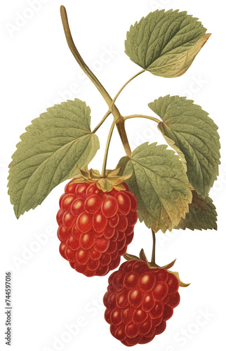 Raspberry isolated on transparent background, old botanical illustration