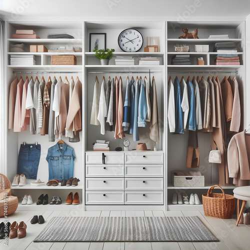 Big modern white wardrobe with different clothes for dressing room