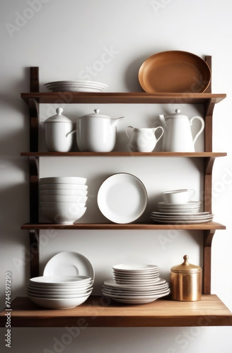 elegant wooden shelving showcases a well-arranged collection of white ceramics