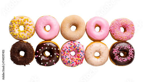 Set of donuts with sprinkles isolated on transparent background.